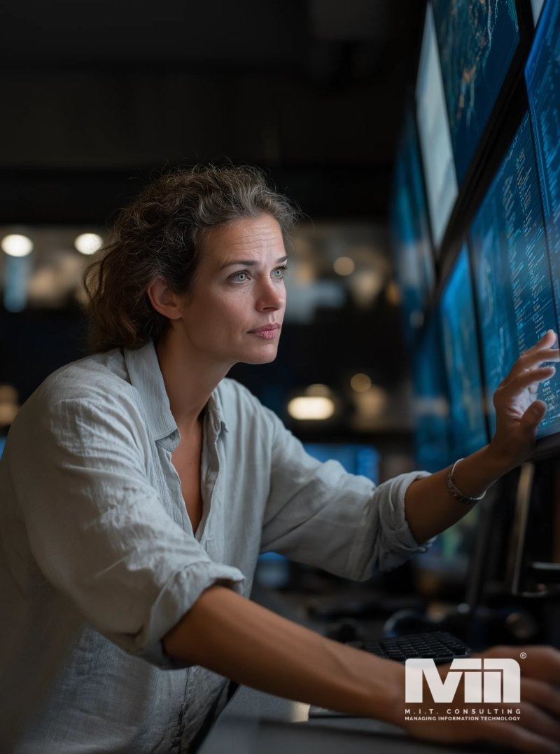 Team collaborating with a laptop, highlighting Remote IT Support Services tailored to their workflow.